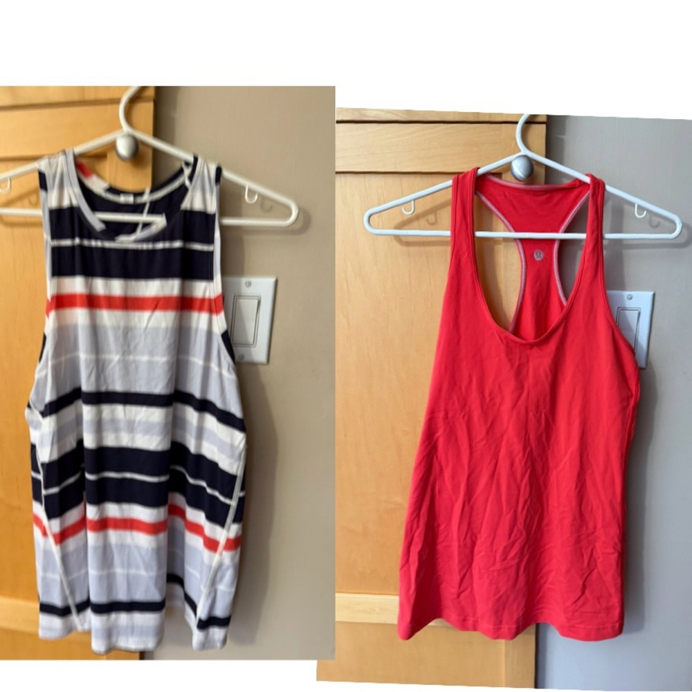 3 piece Lululemon Navy,White, orange Striped Top back slit & matching tank & bra